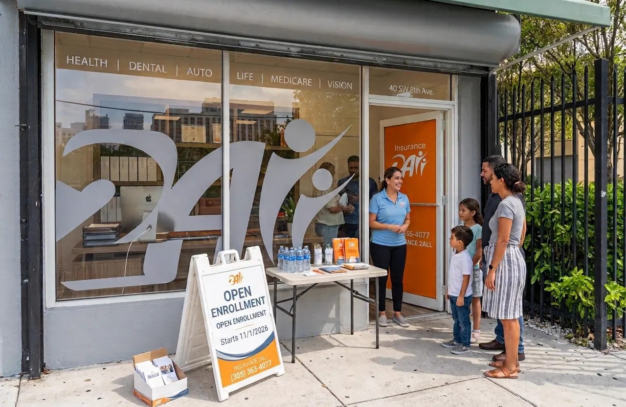 Insurance2All office at 40 SW 8th Ave, Miami, FL — an advisor greeting a family outside the storefront