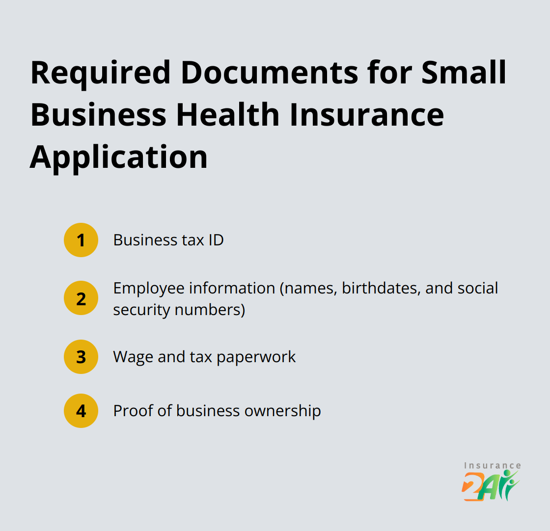 Ordered list of 4 required documents for small business health insurance application: business tax ID, employee information, wage and tax paperwork, and proof of business ownership - health insurance coverage for small business owners